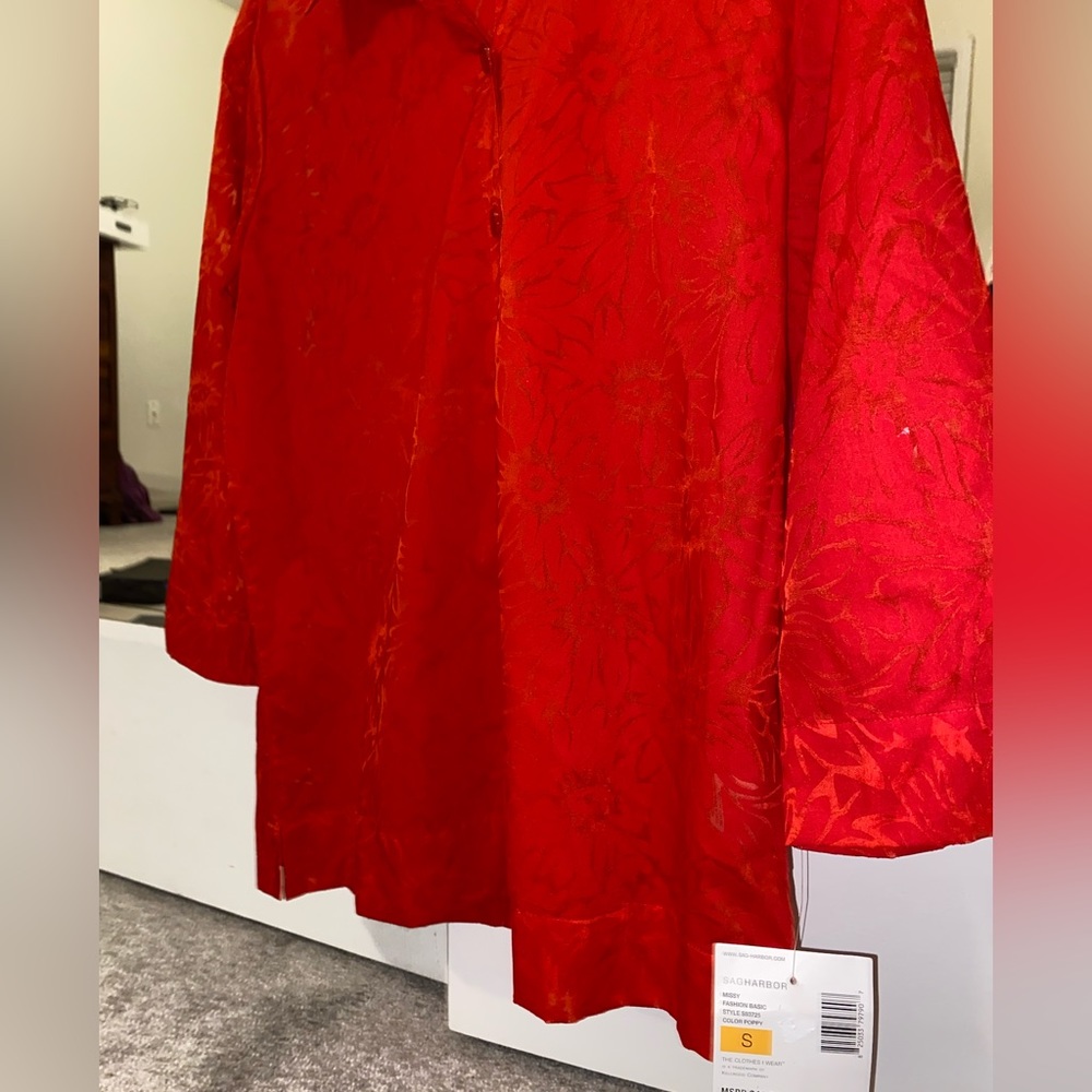 Coral Red Lace Patterned Sheer Button Down Small - Picture 5 of 8